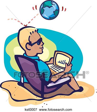 Stock Illustration - A man on using the internet on a laptop while on vacation. Fotosearch
