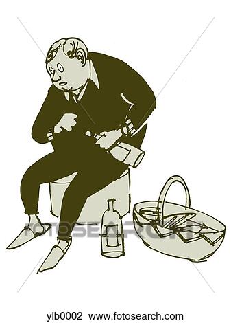 Drawing - A man opening a bottle of wine at a picnic. Fotosearch