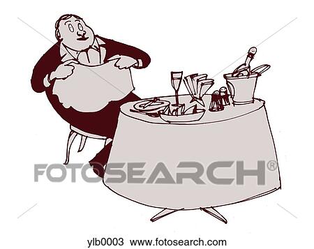 A man putting a napkin across his lap before having a large gourmet meal View Large Illustration Drawing - A man putting a napkin across his lap before having a large gourmet meal. Fotosearch