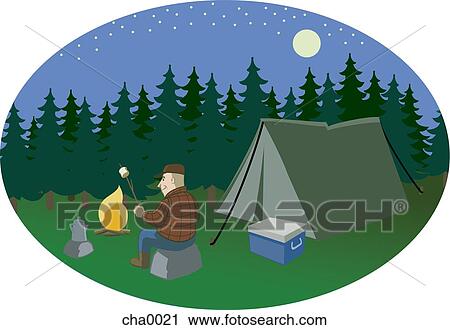 Clip Art - A man roasting marshmallows on the campfire next to his tent. Fotosearch