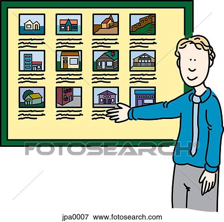 Stock Illustration - A man showing realty house listings. Fotosearch