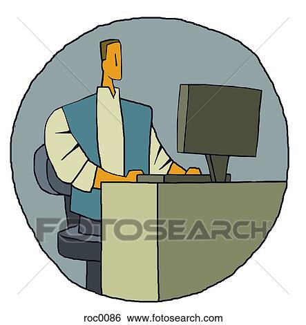 Stock Illustration - A man sitting at his desk with a laptop. Fotosearch