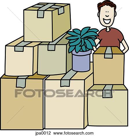 Drawing - A man standing behind a stack of packed boxes. Fotosearch