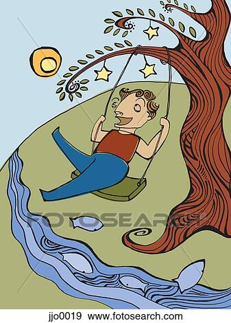 Stock Illustration - A man swinging on a tree swing over a river. Fotosearch