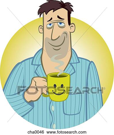 Stock Illustration - A man that has just woken up with a coffee in his hand. Fotosearch