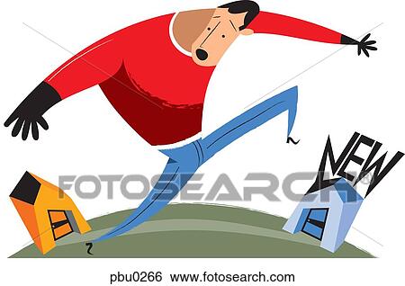 Stock Illustration - A man walking from an old to a new house. Fotosearch