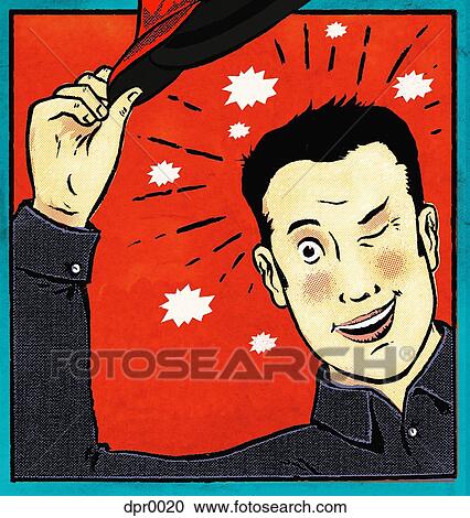 Clipart - A man winking and lifting his hat and stars around his head. Fotosearch