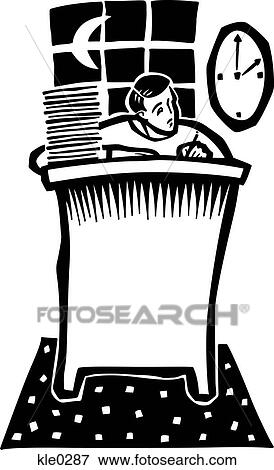 Stock Illustration - A man working on a pile of papers at his desk at night and looking at the clock. Fotosearch