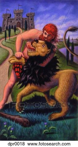 A man wrestling a lion and a castle in the background View Large Illustration Stock Illustration - A man wrestling a lion and a castle in the background. Fotosearch