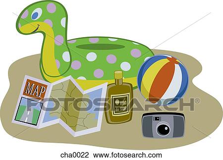 Drawing - A map, sunblock, a beach ball, camera and inflatable beach toy. Fotosearch