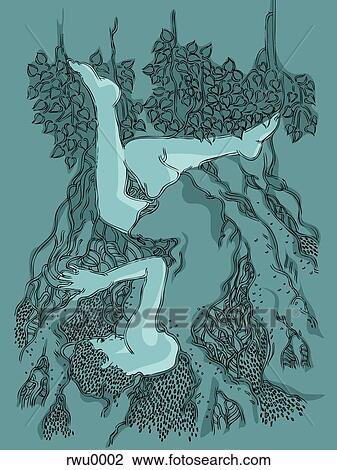 Drawing - A metaphorical image of a woman and plant roots. Fotosearch