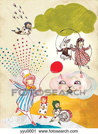 Clip Art - A montage illustration of a little girl skipping with a rabbit, little characters, a cat shaped cloud and a man with a balloon. Fotosearch