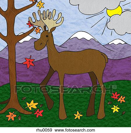 A moose in the autumn with snow capped mountains in the background View Large Illustration Stock Illustration - A moose in the autumn with snow capped mountains in the background. Fotosearch