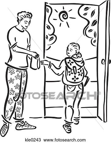 A mother giving her daughter a bagged lunch for school View Large Illustration Drawing - A mother giving her daughter a bagged lunch for school. Fotosearch
