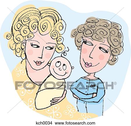 Stock Illustration - A mother holding a new baby as another woman looks on. Fotosearch