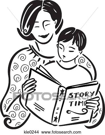 A Mother Reading A Story Book To Her Son Stock Illustration