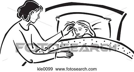 Stock Illustration - A mother taking her daughters temperature in bed. Fotosearch