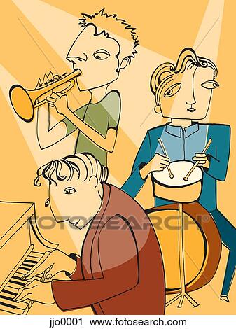Clip Art - A musical trio playing instruments. Fotosearch