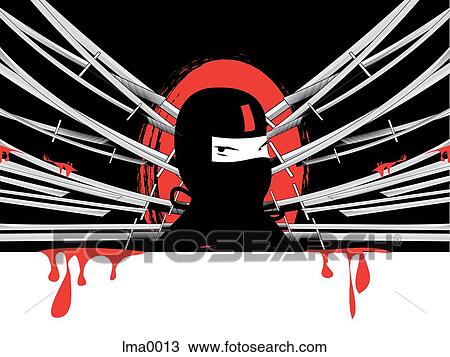 A ninja surrounded by bloody swords View Large Illustration Drawing - A ninja surrounded by bloody swords. Fotosearch