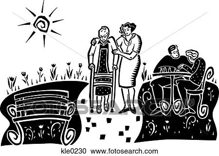 Clipart - A nurse aiding an old woman using a walker outdoors at a nursing home. Fotosearch