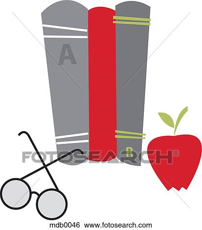 A pair of glasses, books and an apple View Large Illustration Stock Illustration - A pair of glasses, books and an apple. Fotosearch