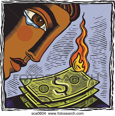 A person crying and watching a stack of money burn View Large Illustration Stock Illustration - A person crying and watching a stack of money burn. Fotosearch