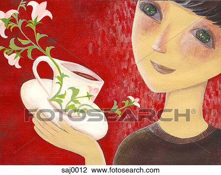 A person holding a cup of tea with flowers growing off the tea cup View Large Illustration Drawing - A person holding a cup of tea with flowers growing off the tea cup. Fotosearch