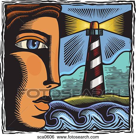 A persons profile and a lighthouse and sea in the background View Large Illustration Stock Illustration - A persons profile and a lighthouse and sea in the background. Fotosearch