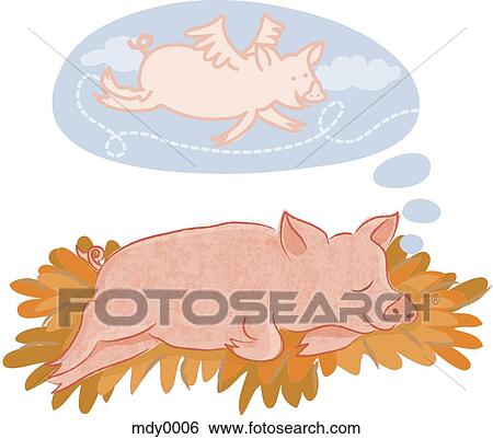 Stock Illustration - A pig dreaming of flying. Fotosearch