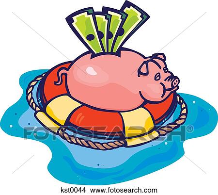 Stock Illustration - A piggy bank in a floatation device. Fotosearch