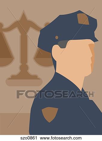 A police officer in front of the scales of justice View Large Illustration Clip Art - A police officer in front of the scales of justice. Fotosearch
