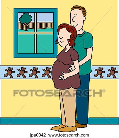 A pregnant woman and her husband standing in the nursery room View Large Illustration Drawing - A pregnant woman and her husband standing in the nursery room. Fotosearch