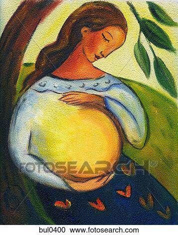 Clipart - A pregnant woman holding her glowing belly. Fotosearch