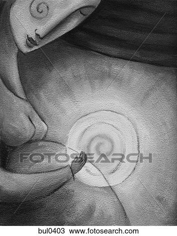 Drawing - A pregnant woman with a yellow glow over her stomach. Fotosearch