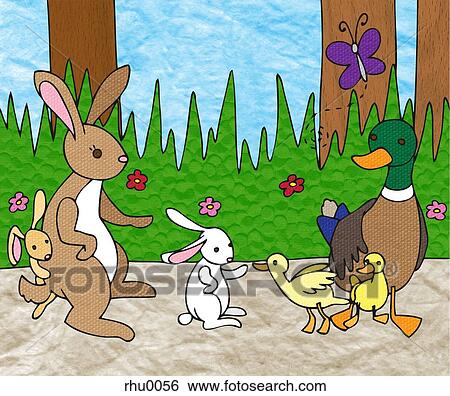 Stock Illustration - A rabbit and a duck watching as their young meet each other. Fotosearch