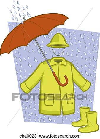 A rain coat, hat and boots and an umbrella View Large Illustration Drawing - A rain coat, hat and boots and an umbrella. Fotosearch
