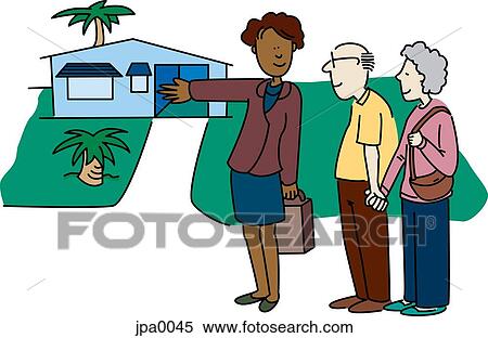 A real estate agent showing a house to an elderly couple View Large Illustration Stock Illustration - A real estate agent showing a house to an elderly couple. Fotosearch