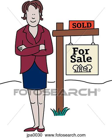 A real estate agent standing next to a sold house sign View Large Illustration Clipart - A real estate agent standing next to a sold house sign. Fotosearch