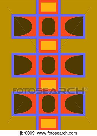 Stock Illustration - A retro geometric shapes pattern in brown, blue, yellow and orange. Fotosearch