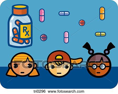 A row of children and bottles and pills of prescription medication above View Large Illustration Stock Illustration - A row of children and bottles and pills of prescription medication above. Fotosearch