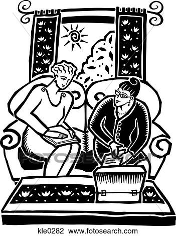 Drawing - A saleswoman making a home based direct sales with another woman. Fotosearch