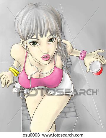 Drawing - A sexy woman holding a drink and listening to music. Fotosearch