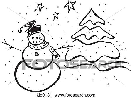 Clip Art - A snowman and tree in the snow. Fotosearch