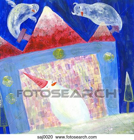 Clipart - A snowman in a house with ghosts. Fotosearch