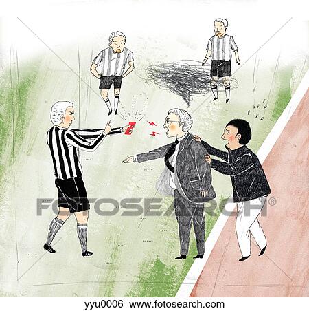 Stock Illustration - A soccer coach arguing with a referee about a red card penalty. Fotosearch