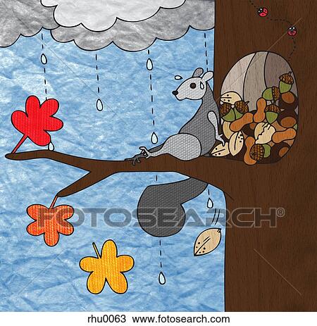 Drawing - A squirrel trying to push nuts into his nest in a tree. Fotosearch