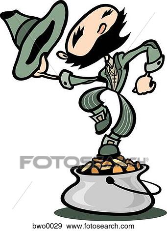 Stock Illustration - A St. Patricks Day leprechaun on a pot of gold. Fotosearch