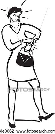 Drawing - A stressed woman looking at her watch. Fotosearch