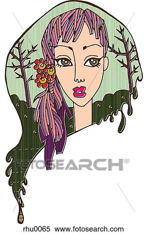 Stock Illustration - A stylish woman on a dripping green background with barren trees. Fotosearch
