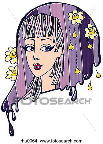 Stock Illustration - A stylish woman on a dripping purple background and flowers. Fotosearch